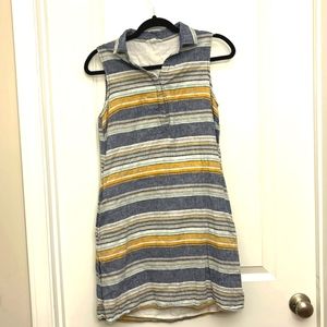 BeachLunchLounge Linen Blend Dress Sleeveless Pockets Blue White Stripes Small